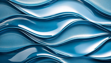 Vibrant metallic ribbons ripple across a deep blue background, creating a sense of sleek motion and...