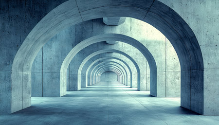 An elegant, minimalist passageway featuring smooth, repetitive concrete arches that create a rhythmic, contemporary architectural flow.の写真素材