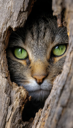 A curious tabby feline with vivid green eyes gently investigates a tree hollow, capturing a peaceful and enchanting woodland moment.の写真素材