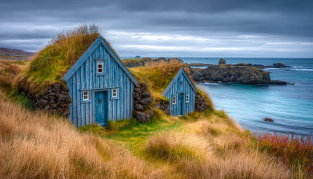 Charming traditional Icelandic dwellings with lush grass roofs nestled along rugged cliffs, offering a serene view of the shimmering Atlantic Ocean.の写真素材