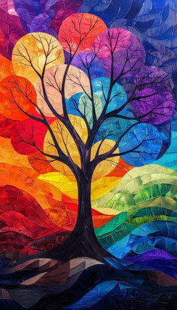 An imaginative, vivid tree composed of swirling colors and geometric shapes, set against a lively, gradient backdrop in a modern digital illustrationの写真素材