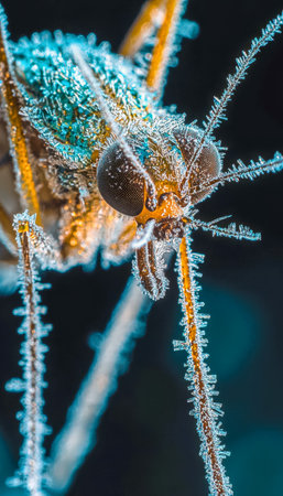 A tiny creature blanketed in icy crystals clings to a slender plant stalk, evoking a chilly, detailed winter scene with delicate frost textures.の写真素材