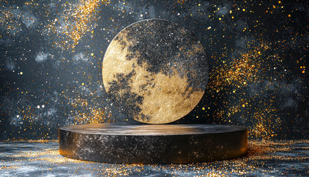 A mystical night scene with a luminous moon and twinkling stars over a mirrored surface adorned with radiant gold highlights, creating an elegant, dreの写真素材
