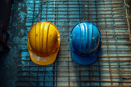 Bright yellow and blue hard hats rest on aged, weathered metal grid, evoking industrial grit and teamwork in construction environments.の写真素材