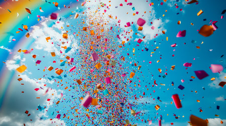 Vibrant bursts of multicolored confetti scatter across a clear blue sky dotted with soft clouds, evoking celebration and joyful energy.の写真素材