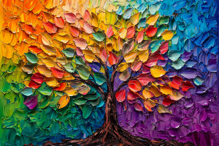 A lively, textured artwork featuring a multicolored tree bursting with rainbow hues, created with thick, expressive brushstrokes that evoke energy andの写真素材