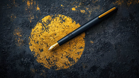 A luxurious pen with a sleek black body and shimmering gold accents lies atop a textured dark backdrop featuring a radiant gold ring motif, exuding soの写真素材