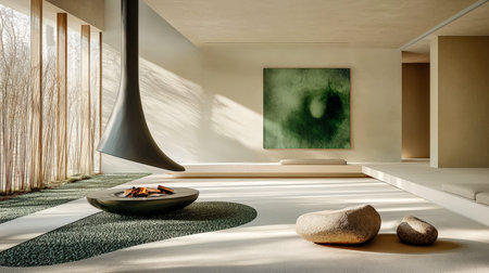 A sleek, airy lounge features a neutral palette, plush seating, and a striking abstract mural, creating a tranquil contemporary ambiance.の写真素材