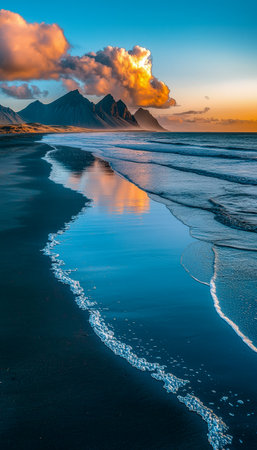 Vibrant sunset casts warm hues over a tranquil bay, where rugged peaks meet shimmering water and swirling clouds create a dramatic, calm scene.の写真素材