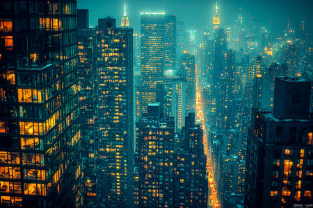 Towering glass structures shimmer with vibrant lights amidst busy streets, creating an energetic...