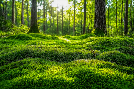 Sunlit patches illuminate dense, velvety moss blankets sprawling forest floor, creating a peaceful, vibrant backdrop of nature's lush greenery.の写真素材