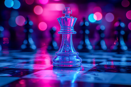 A glowing glass queen stands poised on a vivid chessboard, surrounded by a dreamy blur of colorful bokeh lights creating a captivating scene.の写真素材