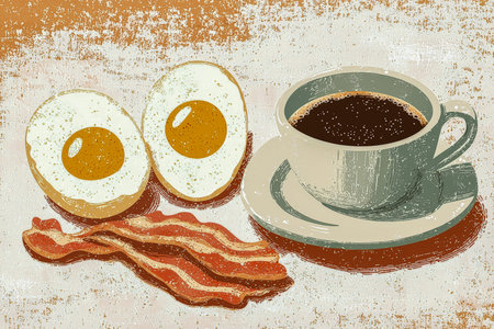 A hearty morning spread featuring fried eggs, crispy bacon strips, and a steaming cup of aromatic...