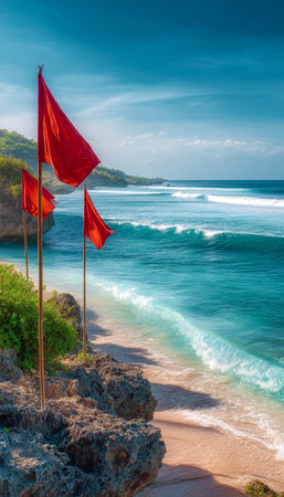 Bright red banners sway softly on a tranquil shoreline, where gentle turquoise surf meets pristine sands beneath a bright, cloudless sky.の写真素材