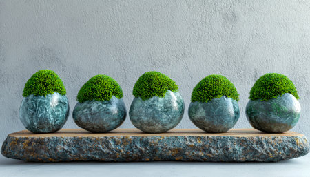 Five ornate containers filled with vibrant moss and greenery rest on a rough stone surface, evoking...