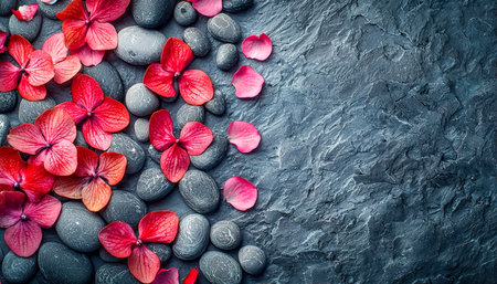 Bright pink petals gently rest on sleek stones, contrasting with the rugged texture of a slate background, creating an elegant natural composition.の写真素材