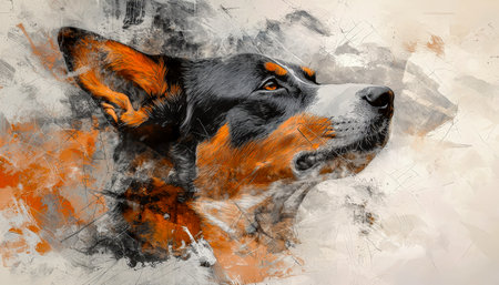 A captivating dog portrait merging lifelike details with vibrant abstract brushstrokes, evoking emotion and creative expression.の写真素材