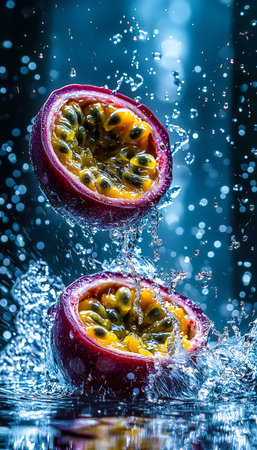 Juicy passion fruit half bursts into clear water, creating vibrant droplets and bubbles that evoke...