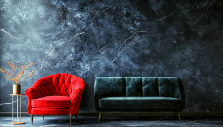 An elegant living space featuring a striking red armchair paired with a plush dark velvet sofa, set against a textured, deep-toned wall creating a cozの写真素材