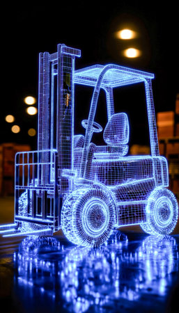 A luminous 3d outline of a forklift illuminates the dark, showing its intricate structure with vibrant, glowing lines for futuristic industrial desの写真素材