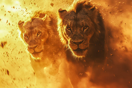 Majestic lions with piercing gazes surge forward as a blazing fireball erupts behind them, capturing...