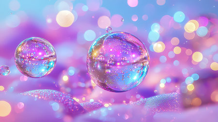Dynamic swirl of luminous orbs and sparkling light effects against a vivid spectrum of purple, pink,...