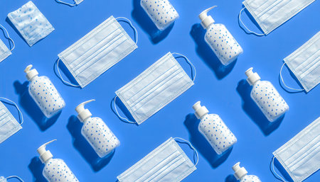 An arrangement of protective face coverings and sanitizer containers set against a vibrant blue backdrop, emphasizing hygiene and health awareness.の写真素材