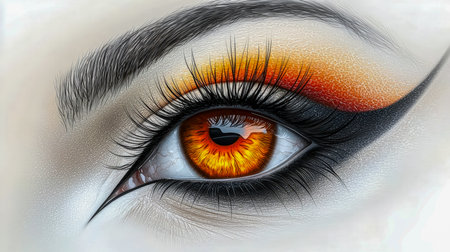 An intense gaze highlighting a fiery orange and yellow iris, intricate eyelash details, and creative makeup artistry conveying bold expression.の写真素材