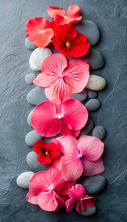 Vibrant blossoms and polished pebbles create a serene, balanced display against a rugged gray backdrop, perfect for nature-inspired or spa-themed desiの写真素材