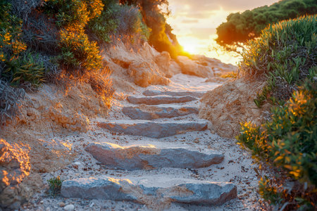 A rugged trail winding through vibrant foliage beneath a fiery sunset sky, evoking peaceful outdoor...