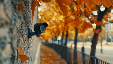 A sleek outdoor surveillance device affixed to a stone facade, surrounded by vibrant fall foliage,...