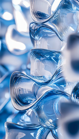 A detailed view of delicate glass art with flowing curves and sharp edges in serene blue shades, evoking elegance and tranquility.の写真素材