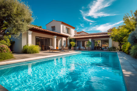 Elegant outdoor scene featuring a sleek swimming pool, plush lounge seats, lush landscaping, and a...