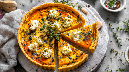 A warm, golden-brown savory tart filled with pumpkin, herbs, and melted cheese, artfully arranged on aged wood for a rustic, cozy vibe.の写真素材