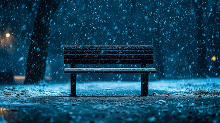 A lone wooden bench blanketed in fresh snow, set against a dark night sky, evoking tranquility and quiet winter solitude in a peaceful park setting.の写真素材