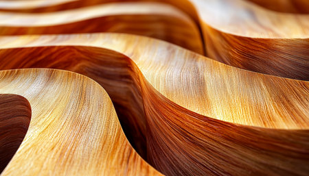 A detailed view of a polished wooden panel showing elegant grain patterns, warm hues, and a silky, flowing texture perfect for rustic or natural deの写真素材