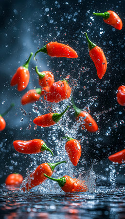 Vibrant red chili peppers collide with water, forming lively splashes and glistening droplets that emphasize freshness and fiery energy.の写真素材