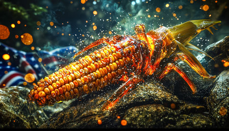 Vibrant underwater universe featuring luminescent lobster amid fiery coral formations, creating a magical, otherworldly oceanic ambiance perfect for fの写真素材