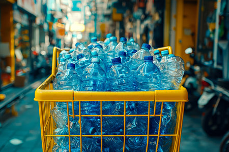 Vibrant yellow cart brimming with reusable plastic bottles stands on a bustling urban sidewalk,...