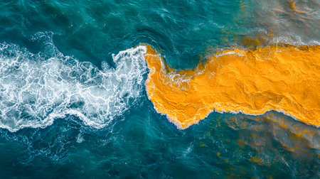 Turquoise and emerald waves swirl harmoniously, interrupted by a vivid, sun-kissed streak of organic...