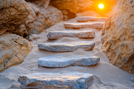 Weathered stone stairs ascend a golden sandy trail, guiding the eye toward a vivid sunset amid rugged rocky terrain and arid desert beauty.の写真素材