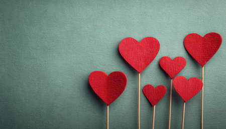 Bright red paper hearts mounted on sticks, arranged in a charming display, evoking warmth, romance,...