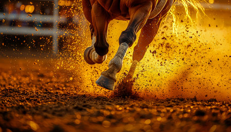 Dynamic close-up capturing powerful horse legs and hooves in motion, splashing earth as twilight hues illuminated a fierce racetrack sceneの写真素材