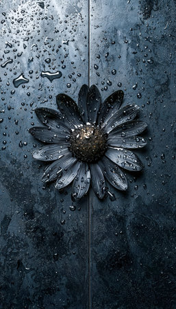 Intricate black synthetic bloom glistens with dew, resting on a moist surface, evoking a mysterious,...