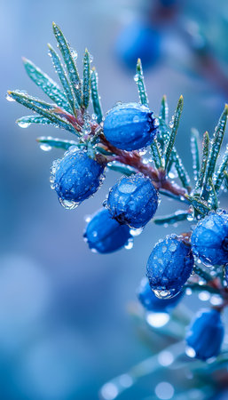 Vibrant blue berries cling to a slender branch, adorned with glistening water droplets that enhance their fresh, juicy appearance.の写真素材