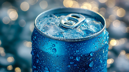 A chilled metallic beverage can glistens with condensation, surrounded by shimmering ice cubes, evoking refreshment and summer vibes.の写真素材