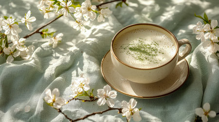 A vibrant green matcha tea in a delicate cup, encircled by fresh white blossoms, set against a cozy,...