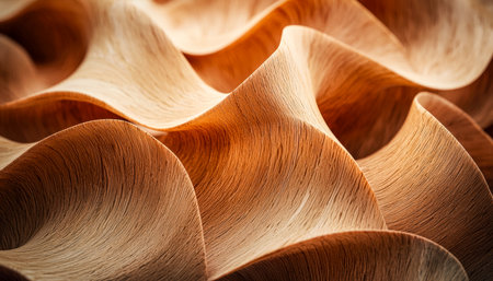 An intricate wooden art piece showcasing flowing, undulating forms with polished surfaces and deep grain patterns, ideal for interior decor or artistiの写真素材