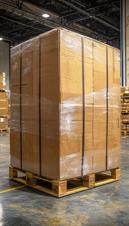Stacked parcels encased in plastic shrink wrap rest on a sturdy pallet within a spacious warehouse, evoking a sense of organized bulk storage.の写真素材