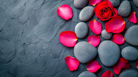A delicate pink bloom lies amidst a gentle scatter of petals and polished stones, set against a rough slate background, evoking elegance and tranquiliの写真素材